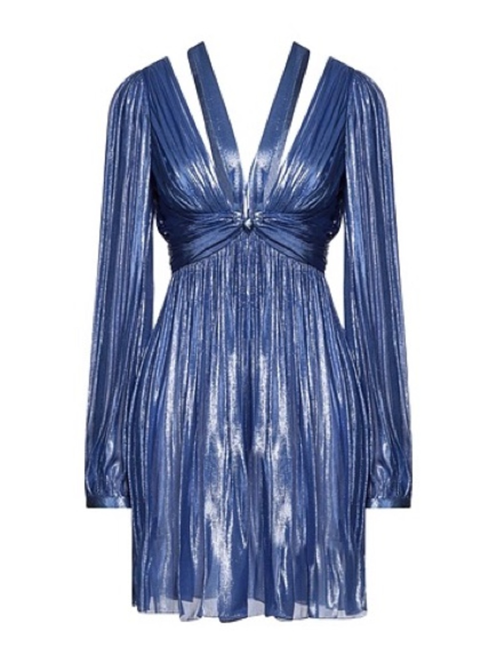 Alberta Ferretti Blue Silk Metallic Pleated deep V-Neck Mini Dress